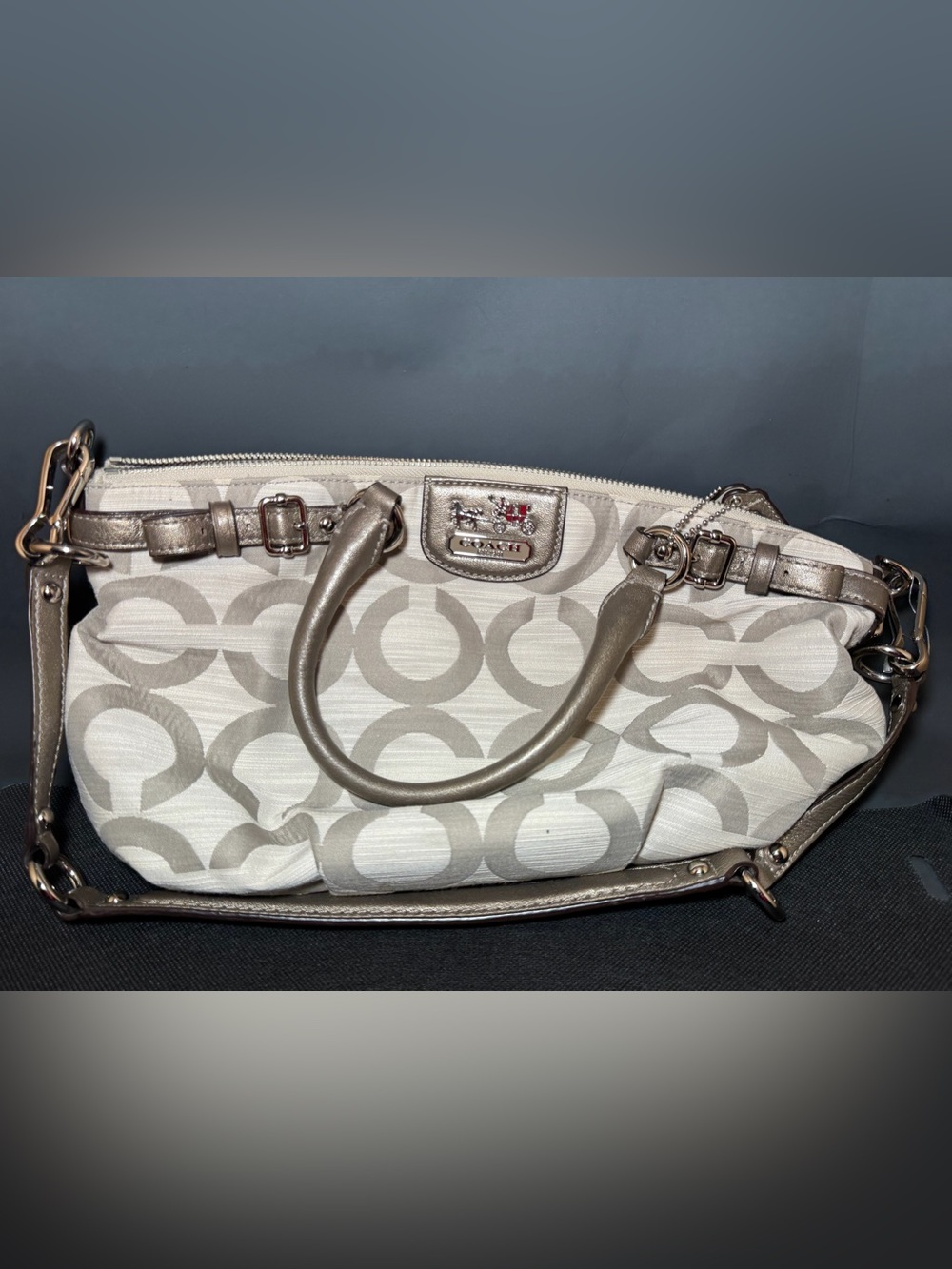 Coach Shoulder Bag in Chalk and Metallic Taupe Signature Canvas